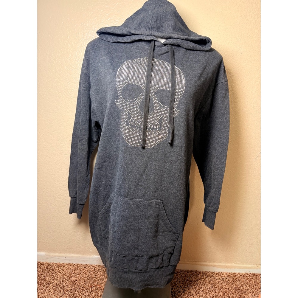 Y2K Rhinestone Skull Hoodie Dress Charcoal Gray Oversized Sweatshirt Small #7
